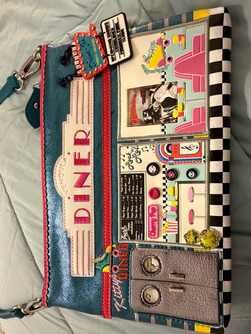 Vendula London Retro Diner Crossbody Bag in Teal and Pink